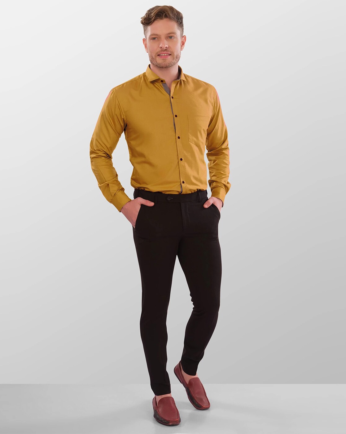 Yellow Shirt Long Sleeve Suit + Black Pants - Temu