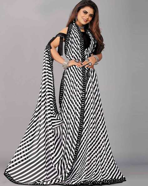 Satrani Off-White & Black Printed Saree With Unstitched Blouse