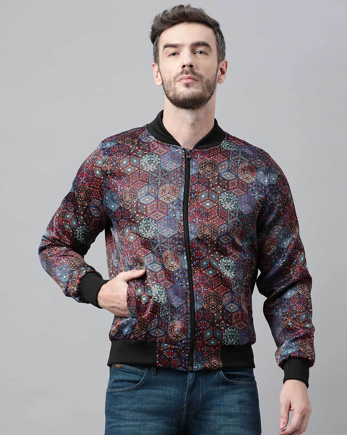 Men and Women Geometric Print Bomber Jacket