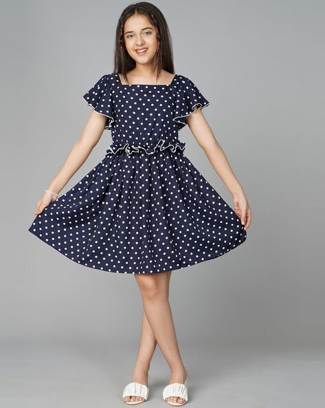 Polka-Dot Square-Neck Fit and Flare Dress