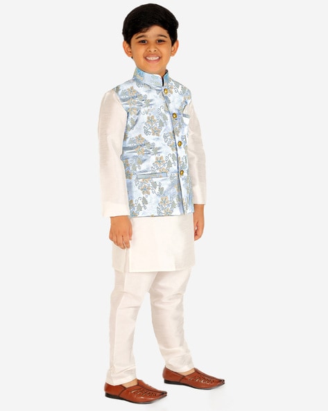 Saphire Blue Brocade Nehru Jacket with Beige Kurta & White Bottom –  archerslounge