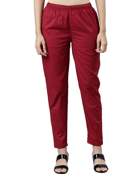 Shop Women's Solid Dark Red Mid Rise Linen Pencil Pants Online | Go Colors