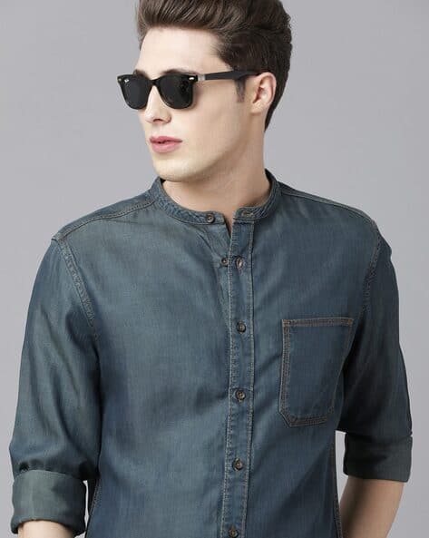 Band-Collar Denim Shirt with Patch Pocket