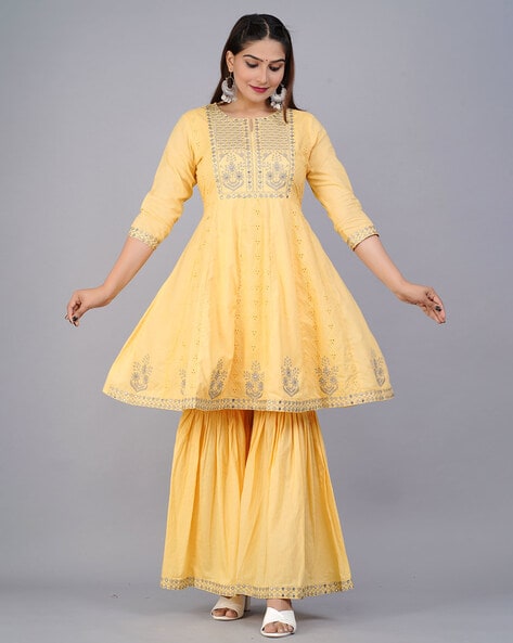 Buy Printed Embroidered Sunny Yellow Sharara Suit Online