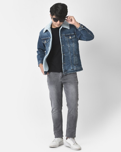 Grey jeans hotsell blue denim jacket