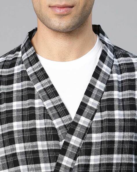 Mens Black & White Plaid Flannel Robe