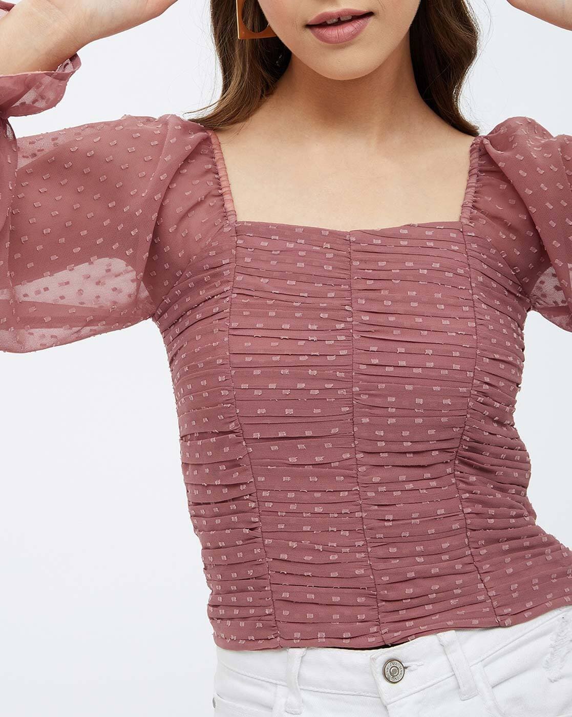 Buy Harpa Pink Square Neck Long Sleeves Self Design Casual Top online