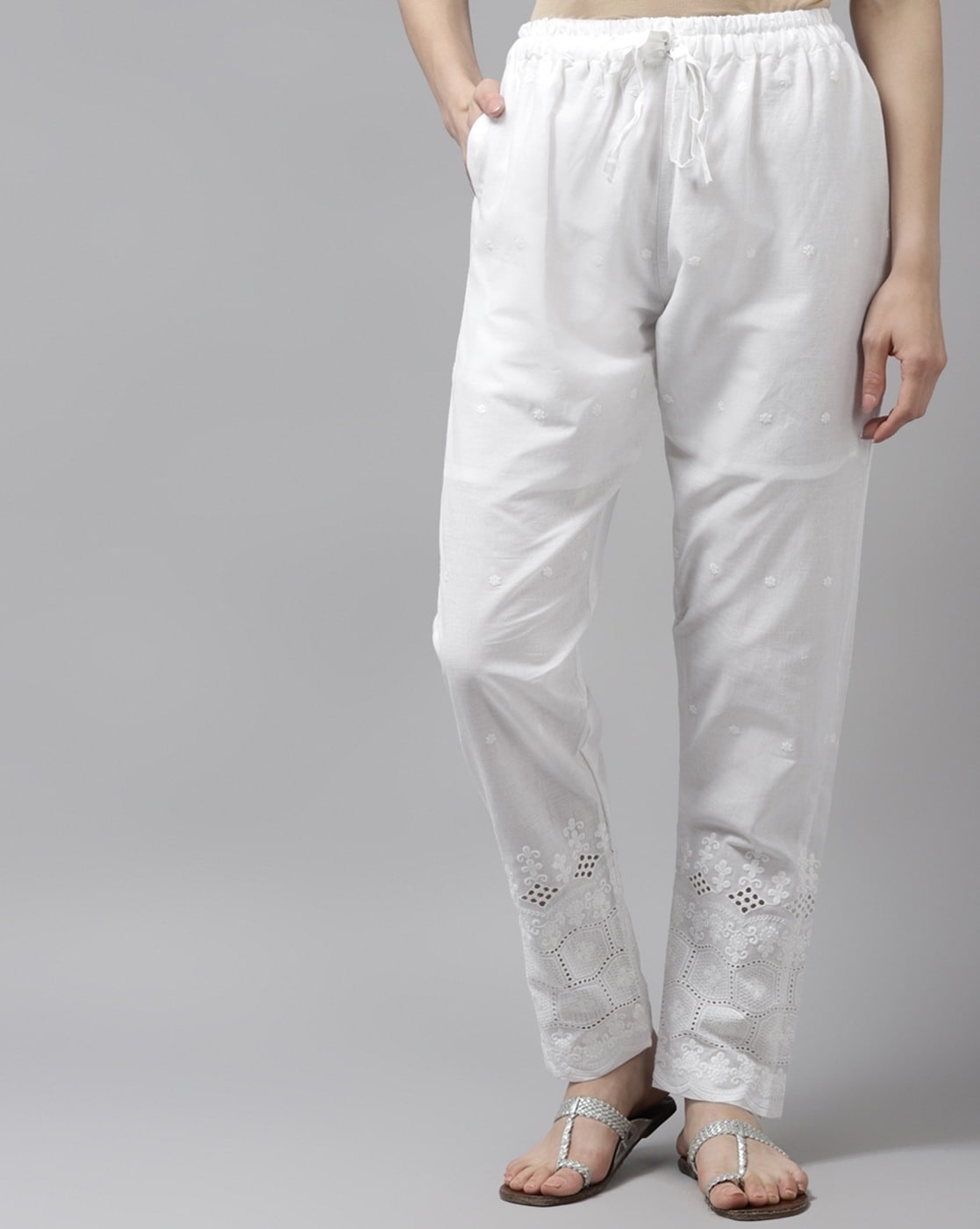 Buy AURELIA White Solid Cotton Blend Women's Casual Trousers | Shoppers Stop