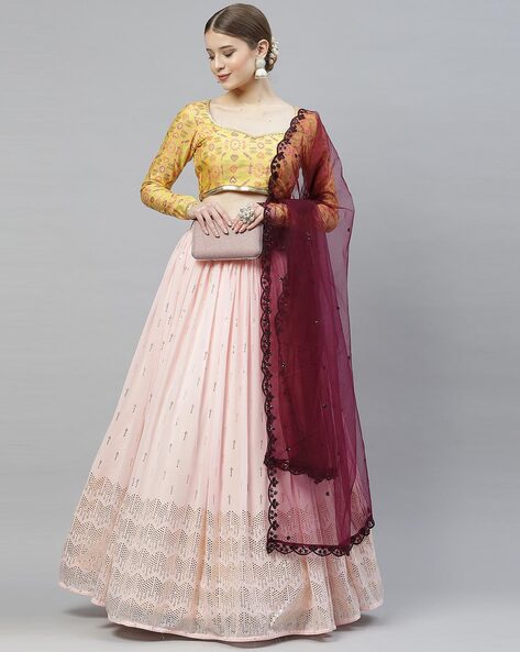 Odette Women Beige & Pink Soft Net Semi Stitched Lehenga With Unstitch