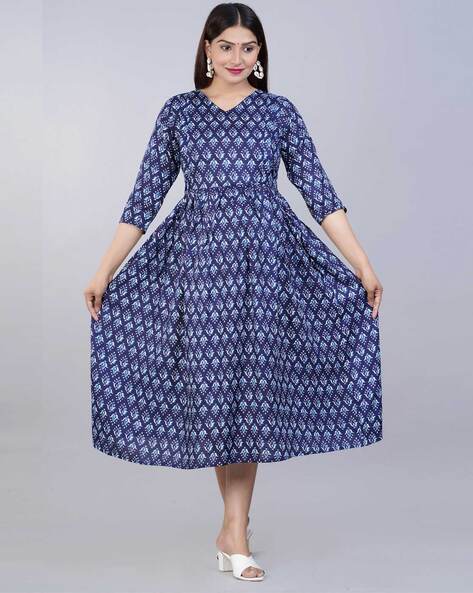 Classy Indigo and Ajrakh V-Neck Fit and Flare Dress – Sujatra