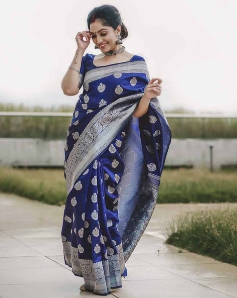 Navy Blue Saree In Art Handloom Silk With Woven Floral Buttis And Blou –  paanericlothing