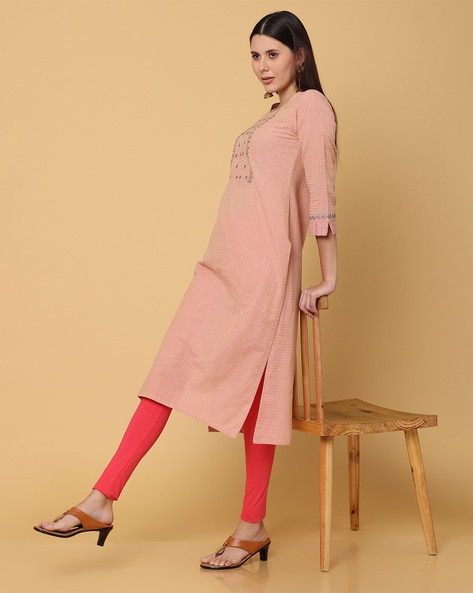 Ethnic Kurtis Peach Floral Print A-Line Kurta Front Open Kurti – Lady India