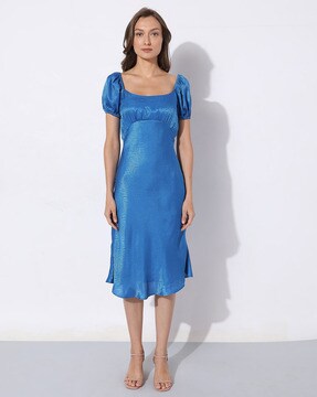 Buy KASSUALLY Blue Flutter Sleeves Cut-Out Pure Cotton Fit & Flare