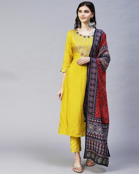 Embroidered Straight Kurta Set with Dupatta