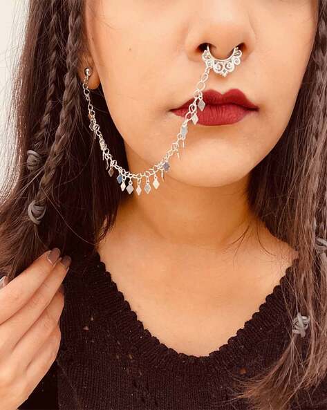 Gold Pierced Nose Ring Chain Nath Bridal Nose Ring/Indian Nose Hoop Jewelry  | eBay