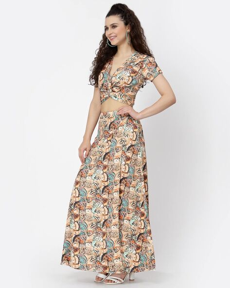 Elegant Multi-floral Crop Top and Skirt Set