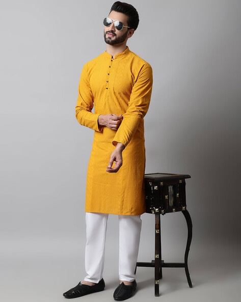 Buy Mustard White 2 Piece Ethnic Suit for Men by JOMPERS Online