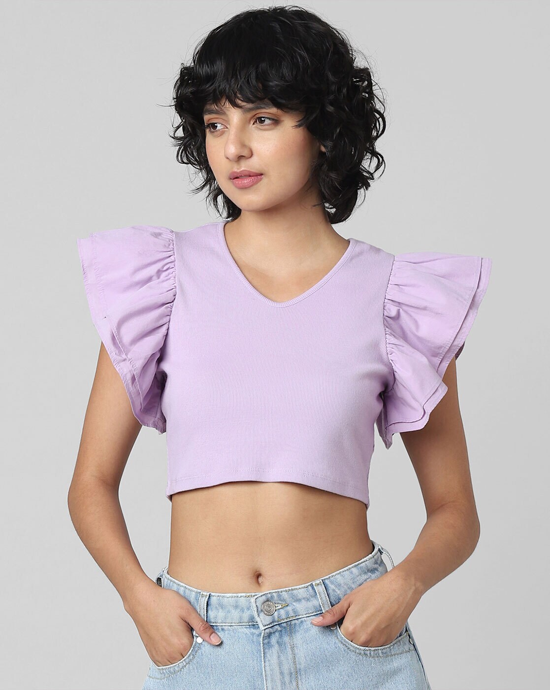 Purple puff discount sleeve crop top