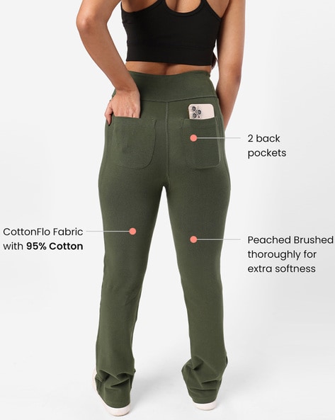 Buy Blissclub Women Olive Groove-In Cotton Flare Pants Regular with 4  Pockets online