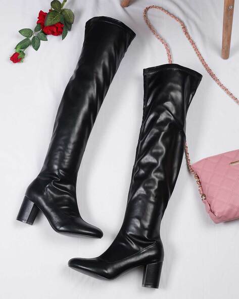 Studded Black Croco Textured Leather knee Length Blocked Heel Ladies Z