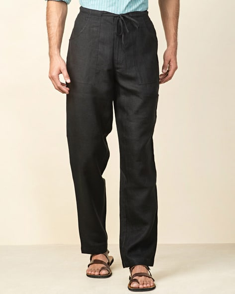 Straight Fit linen trousers - Black - Men | H&M IN