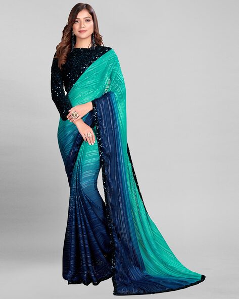 Blue Net And Velvet Saree -