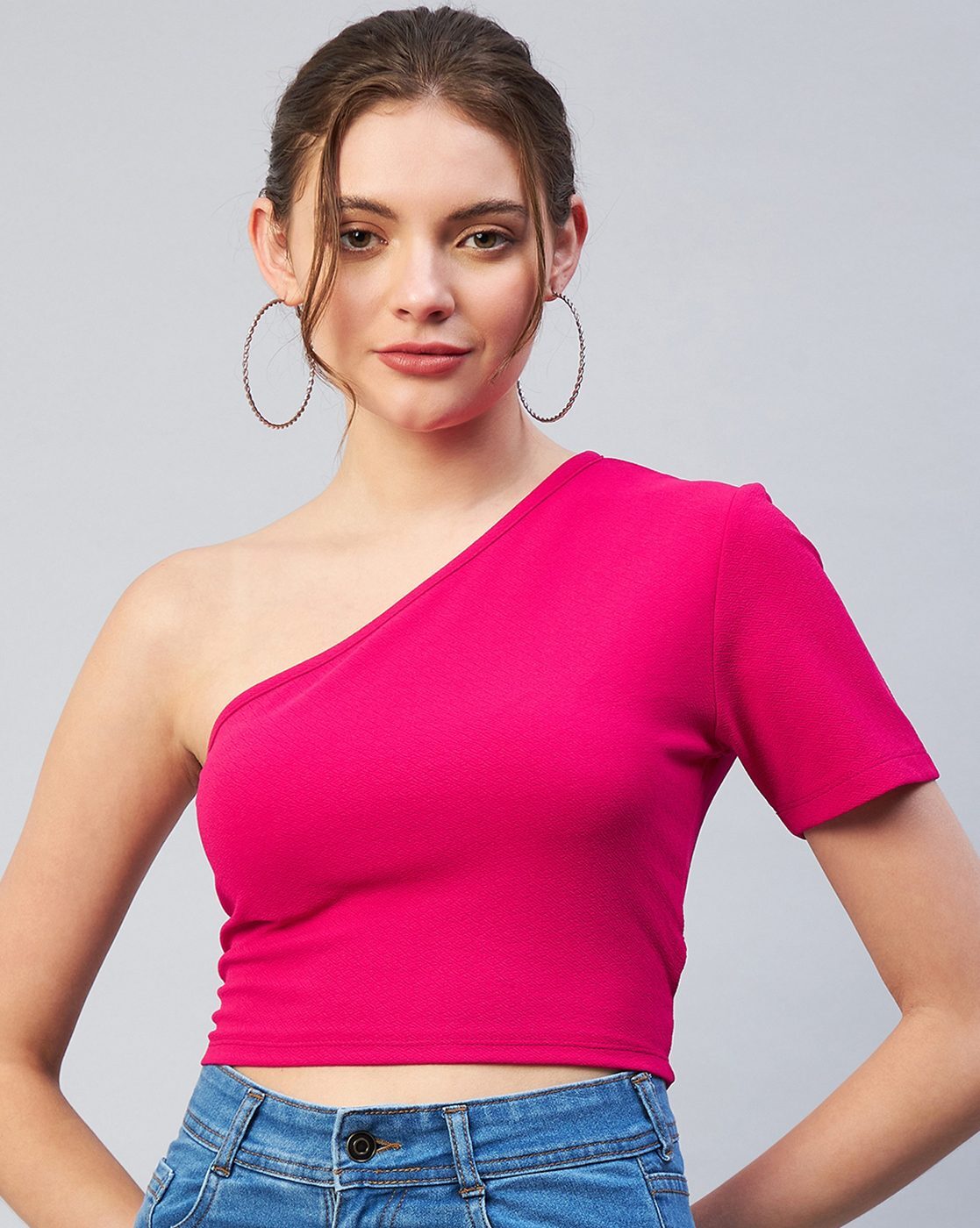 Hot pink one shoulder cheap crop top