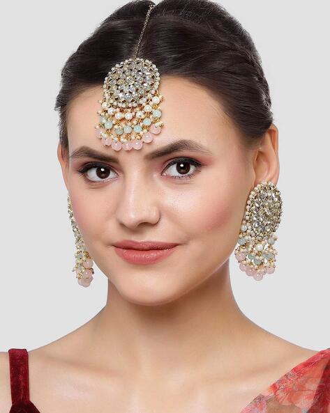 Buy Zeneme Rhodium-Plated Brass Green, White AD Studded Crescent Maang Tikka  with Dangle Drop Earrings Online at Best Prices in India - JioMart.