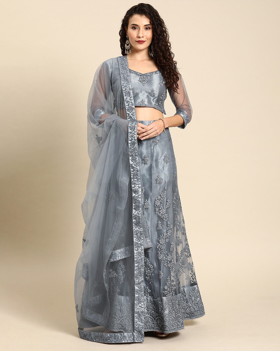 Charcoal Grey Flower Lehenga With a strappy mirror blouse - Vvani by Vani  Vats- Fabilicious Fashion