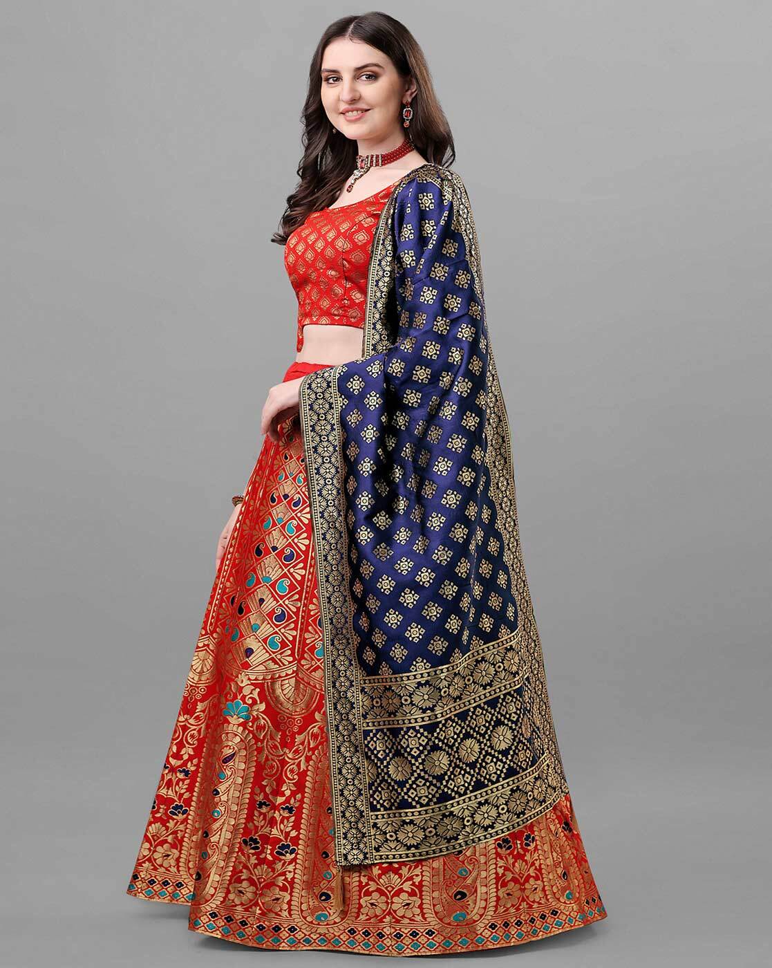 Mitera Red & Navy Blue Woven Design Semi-Stitched Lehenga & Unstitched  Blouse with Dupatta - Absolutely Desi