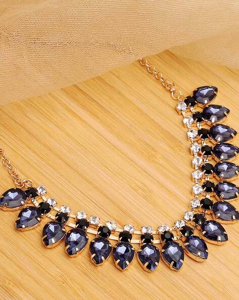 Statement pearl navy blue gemstone handmade silver necklace set at ₹6950 |  Azilaa