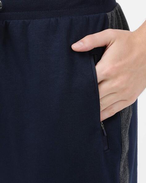 Men's Super Combed Cotton Rich Slim Fit Dual Tone Joggers with Zipper  Pockets - Navy