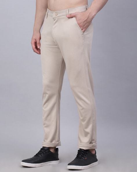Jainish Cream Cotton Tapered Fit Texture Trousers
