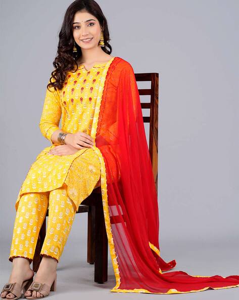 Buy Yellow And Red Pure Satin Georgette Designer Suit | Designer Salwar  Suits