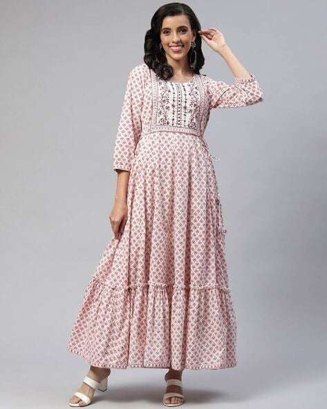 Shrisay Fashion Women Cotton Fit and Flare Fabric Printed A-Line Maxi Midi  Long Gown Dress E Multicolour : Amazon.in: Fashion