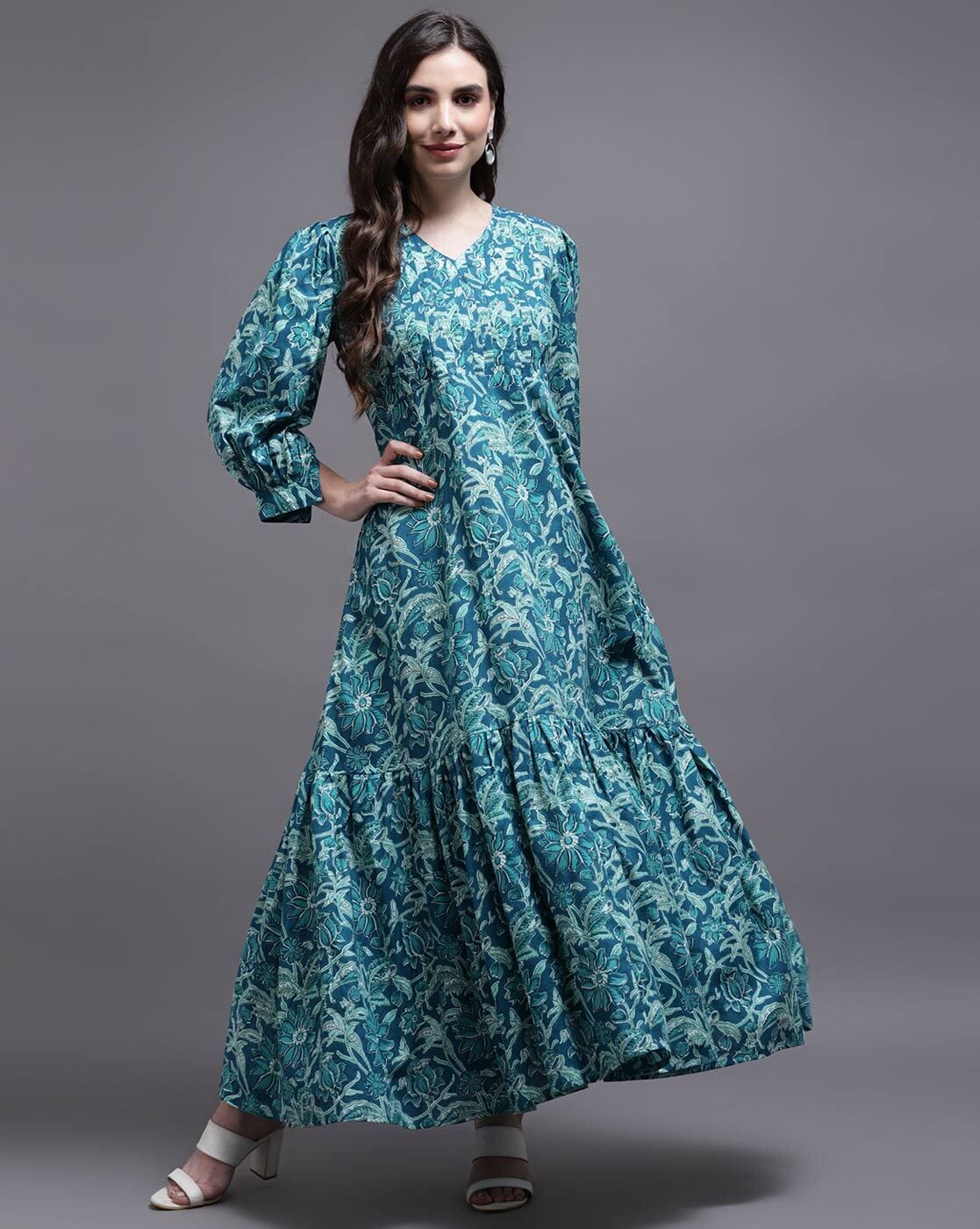 Teal blue Taffeta and art silk Gown Dress - GWU0055