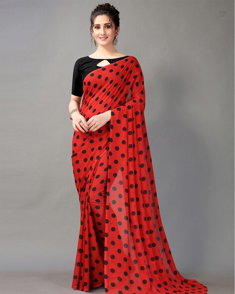 Red And Black Polka Dots Pattern Digital Print Georgette Saree With Ta –  Fabcurate