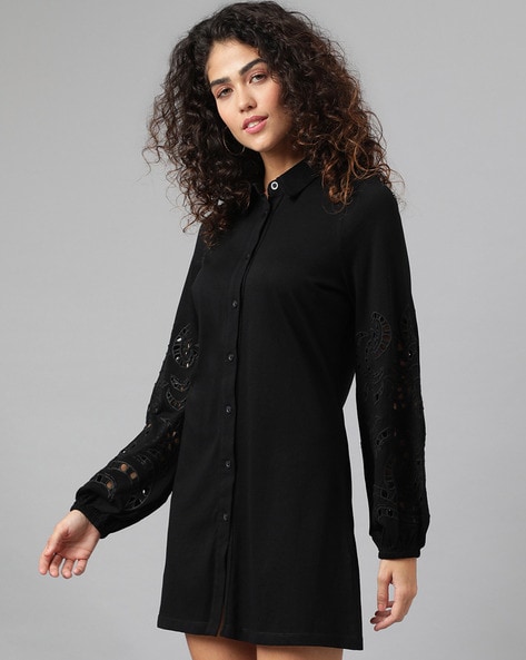 Long buttoned shirt dress with belt in black color (Modern Turkish