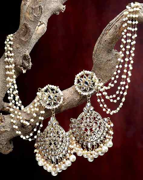Oxidised Black Metal Polish Long Pearl Jhumka Earrings With Hair Chain  Traditional Indian Jewelry Kundan Earrings - Etsy