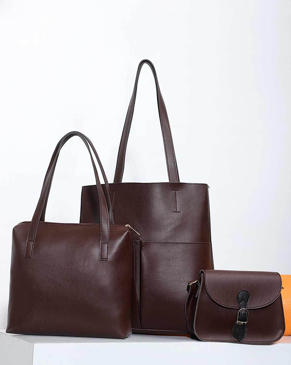 Buy SOLID STRIPE-DETAIL BROWN TOTE BAG for Women Online in India