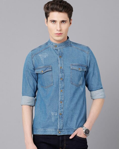 HIGH Star Men Blue Slim-Fit Abstract Printed Denim Casual Shirt :  Amazon.in: Clothing & Accessories