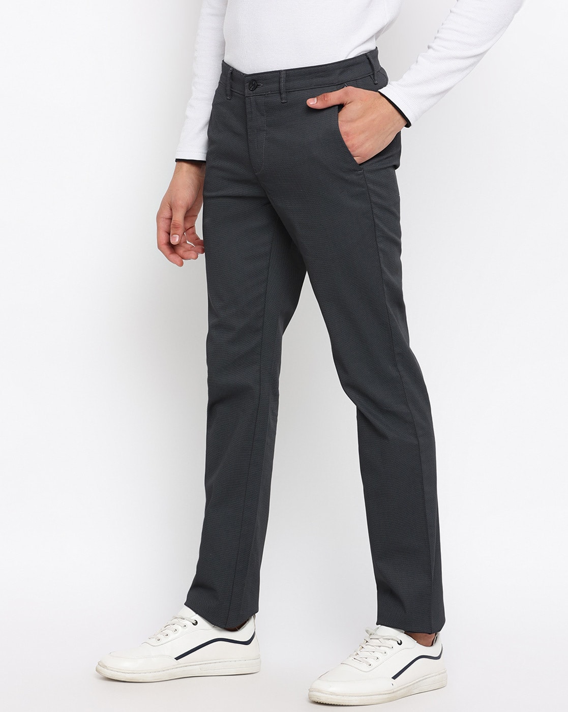 Buy Cantabil Men Solid Navy Blue Trouser Online