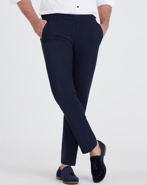 Dark Blue Solid Pleated Formal Trousers
