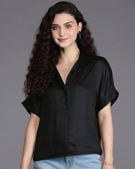Satin Top with Spread Collar 
