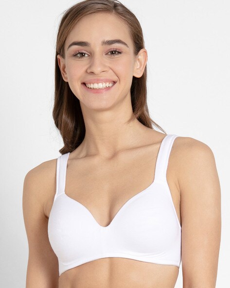 Women's Wirefree Padded Super Combed Cotton Elastane Stretch Full Coverage  T-Shirt Bra with Broad Fabric Straps - Candlelight Peach
