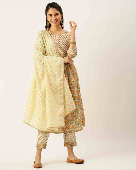 SHOWOFF Floral Print Kurta Suit Set with Dupatta