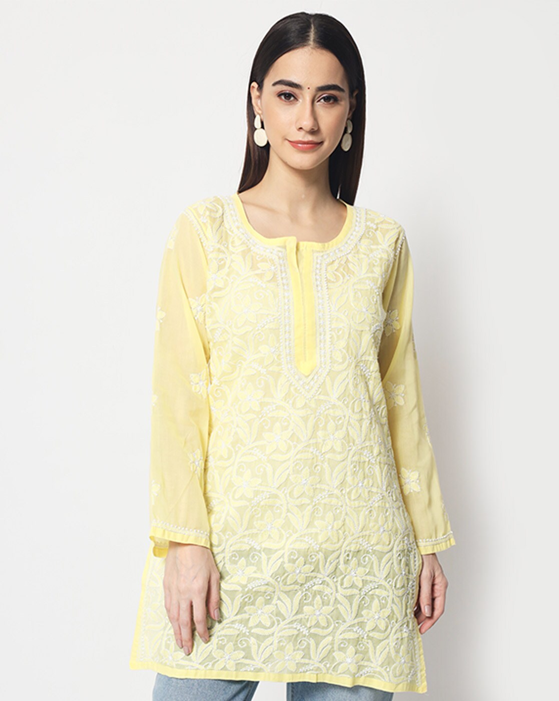 Washable White And Yellow Ladies Collar-neck Sleeveless Plain Cotton  Georgette Short Kurti at Best Price in New Delhi | Mechant Fashions