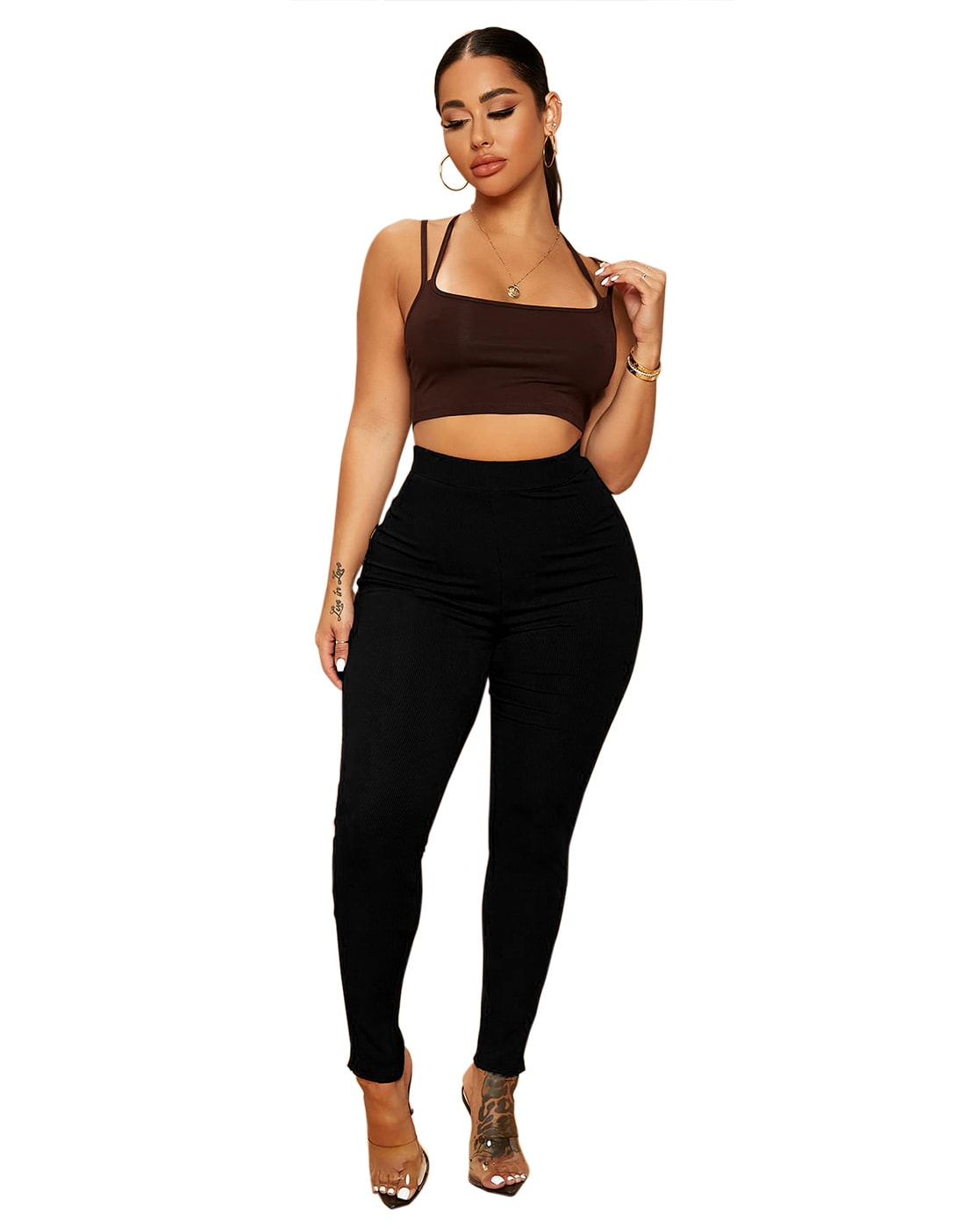 SHEIN Privé Crop Cami Top & Grid Leggings Set | SHEIN IN