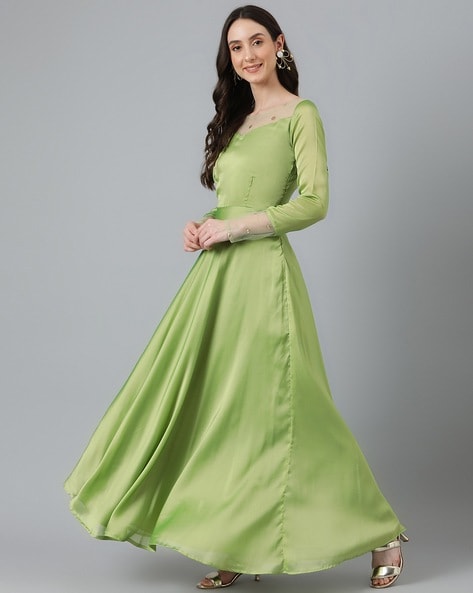 Pastel Green Floral Embellished Work Georgette Long Dress With Dupatta –  Cherrypick