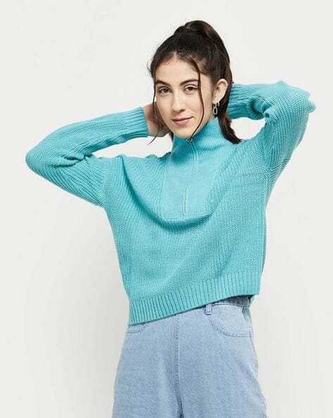 High-Neck Sweater with Ribbed Hems